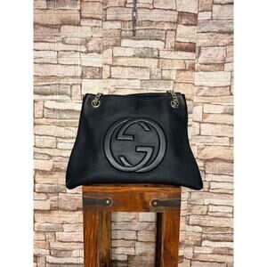 Authentic Gucci Soho Leather Chain Shoulder Bag Pebbled Leather Tote GG